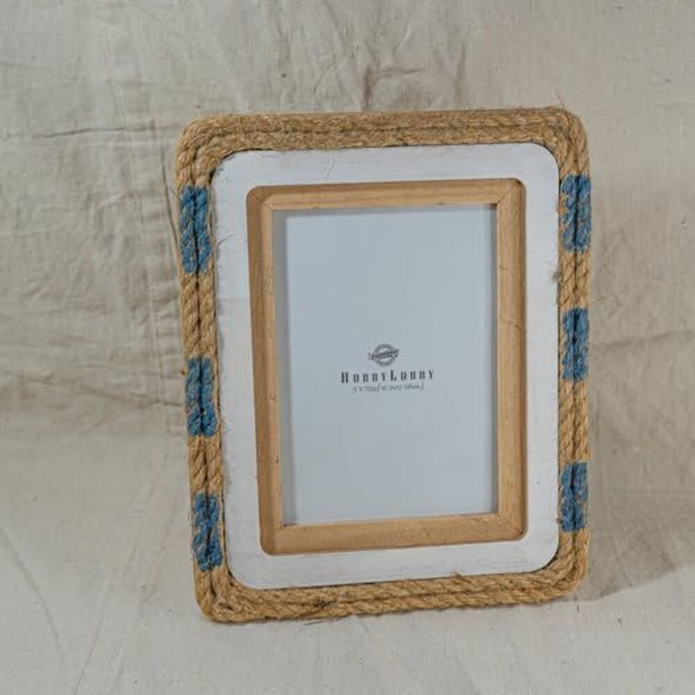 Hobby Lobby Frame 5" x 7" Rope Border Blue Stripes Distressed White Wood